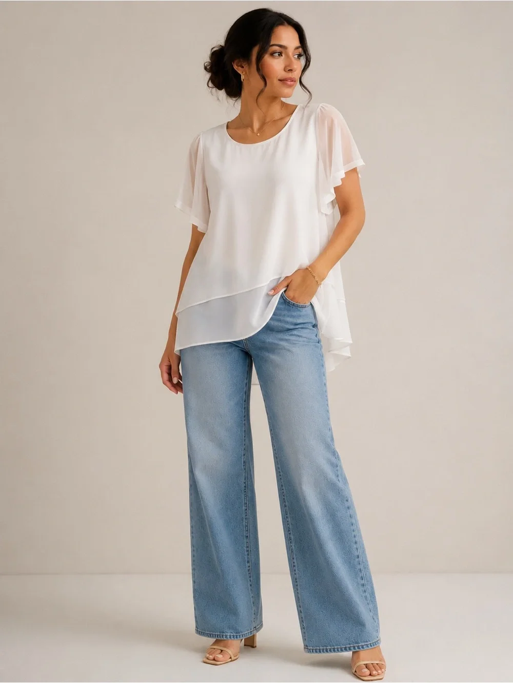 Dana Buchman White Layered Chiffon Sleeve Top